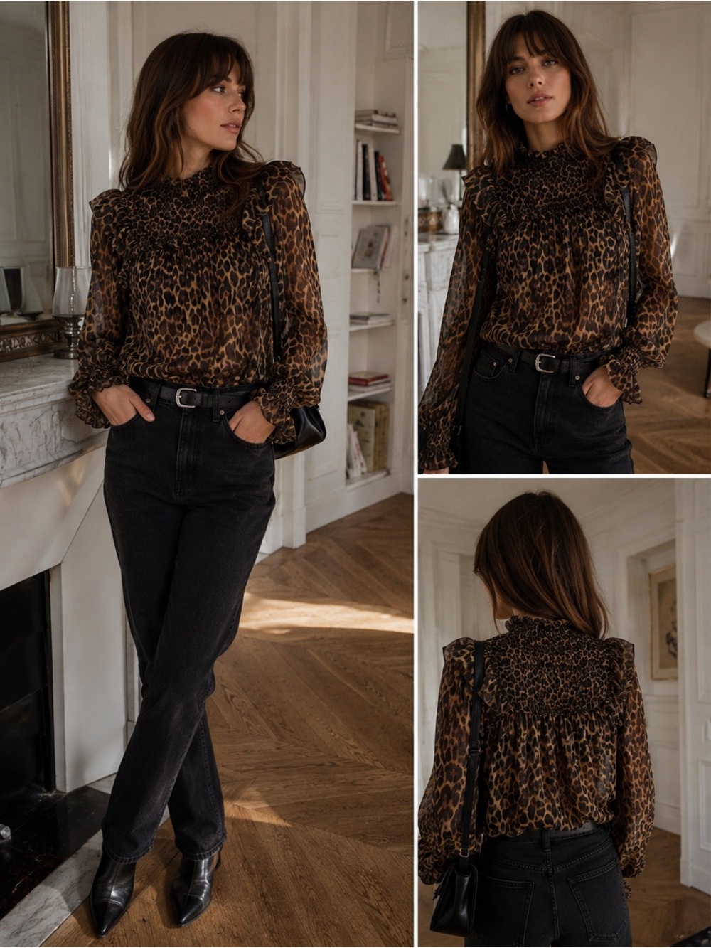 The Kooples 100% Silk Leopard Blouse Sheer Ruffle Top Size 0 Fits M